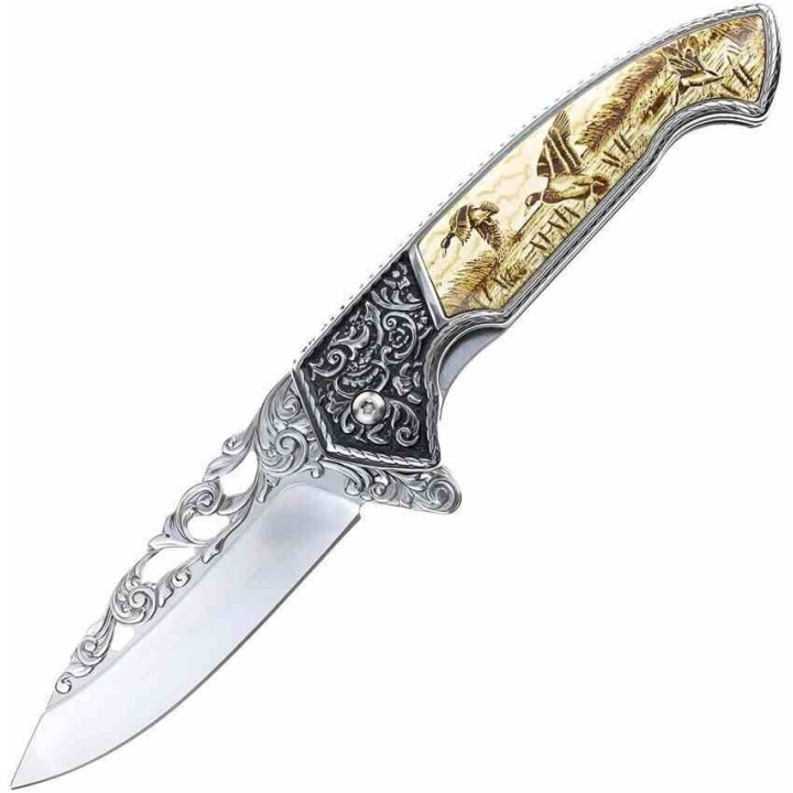 Couteau S-TEC Duck Lame Acier Inoxydable Manche Sculpté Framelock Clip STT27801GO - Livraison Gratuite