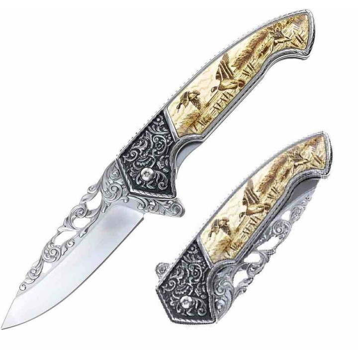 Couteau S-TEC Duck Lame Acier Inoxydable Manche Sculpté Framelock Clip STT27801GO - Livraison Gratuite