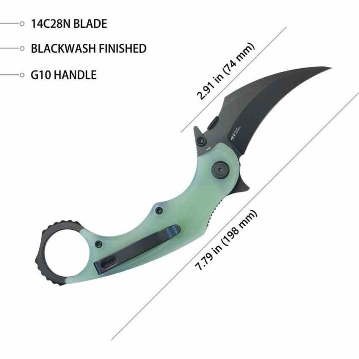 Couteau Kubey Rogue Recurve Karambit Jade Lame Acier 14C28N Manche G10 IKBS Clip KUB298E - Livraison Gratuite