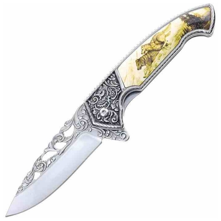 Couteau S-TEC Wildlife Wolf A/O Lame Acier Inox Manche Sculpté & Résine Framelock STT27801WF - Livraison Gratuite