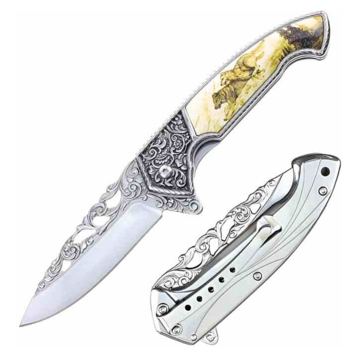 Couteau S-TEC Wildlife Wolf A/O Lame Acier Inox Manche Sculpté & Résine Framelock STT27801WF - Livraison Gratuite