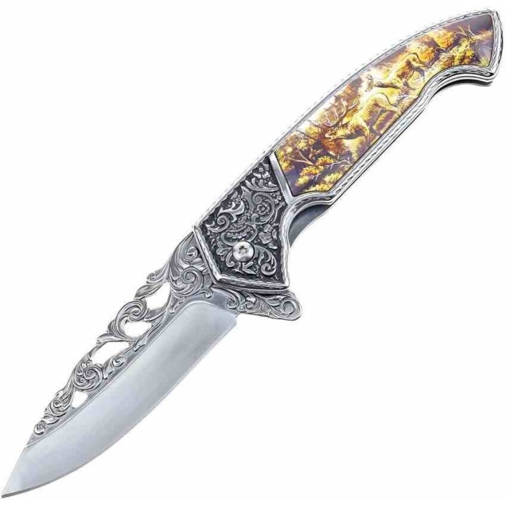Couteau S-TEC Wildlife Cerf A/O Lame Acier Inox Manche Sculpté & Résine Framelock STT27801DR - Livraison Gratuite