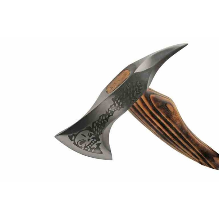 Hache de Viking Skull Grinder Lame Acier Inoxydable Manche Bois Etui Cuir PA882452 - Livraison Gratuite