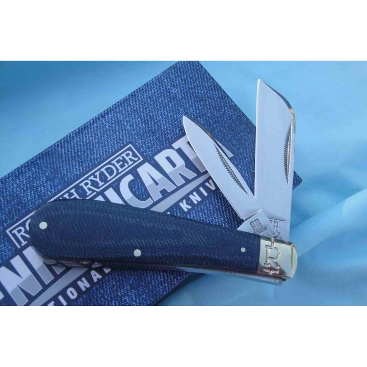 Couteau Rough Ryder Half Hawk Denim Lame Acier Carbone T10 Hawkbill & Pen Manche Micarta Slip Joint RR2186 - Livraison Gratuite