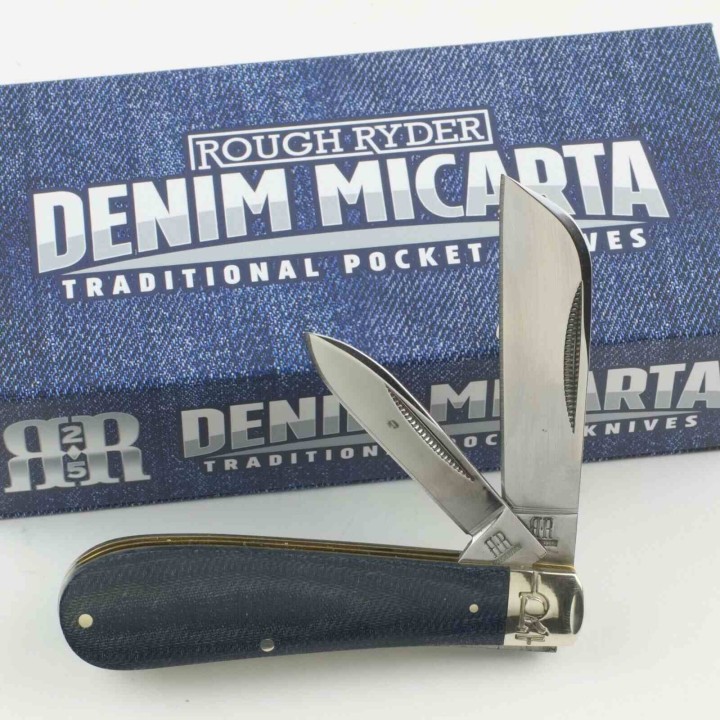Couteau Rough Ryder Half Hawk Denim Lame Acier Carbone T10 Hawkbill & Pen Manche Micarta Slip Joint RR2186 - Livraison Gratuite