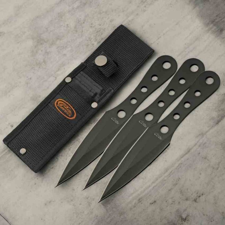 Set de 3 Couteaux de Lancer Rite Edge Kunai Lame Acier 3Cr13 Etui Nylon Noir CN211626BK -  Livraison Gratuite