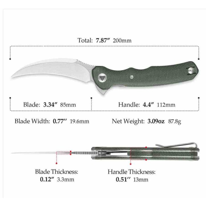 Couteau TRIVISA Lacerta Karambit Lame Acier 14C28N Manche Micarta Liner Lock IKBS Clip TVTY19GM14 - Livraison Gratuite