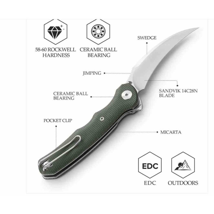 Couteau TRIVISA Lacerta Karambit Lame Acier 14C28N Manche Micarta Liner Lock IKBS Clip TVTY19GM14 - Livraison Gratuite