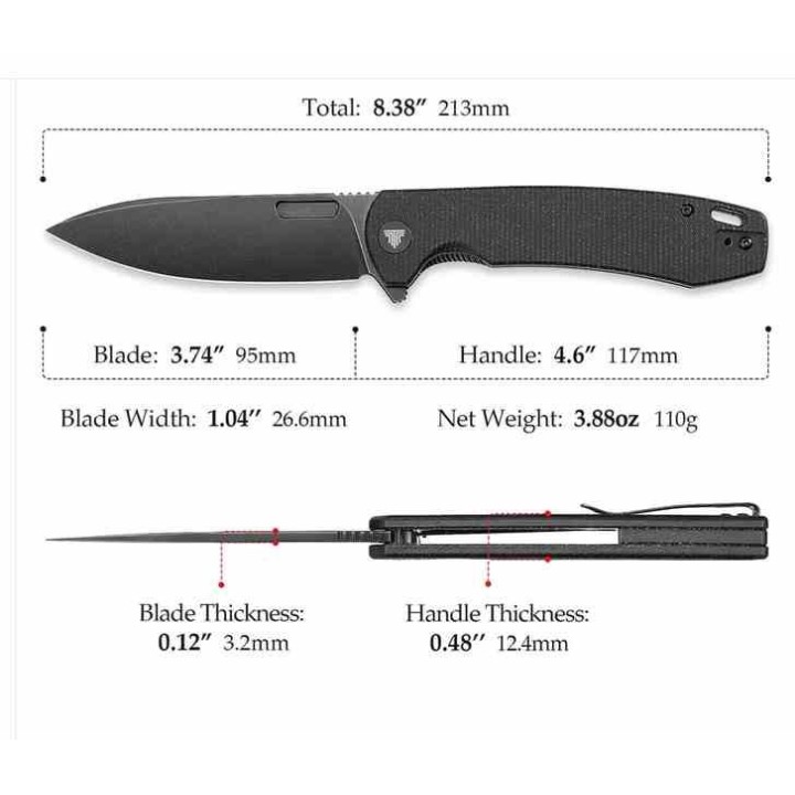 Couteau TRIVISA Columba Black Lame Acier 14C28N BLK Manche Micarta IKBS Liner Lock Clip TVYH01BM14 - Livraison Gratuite