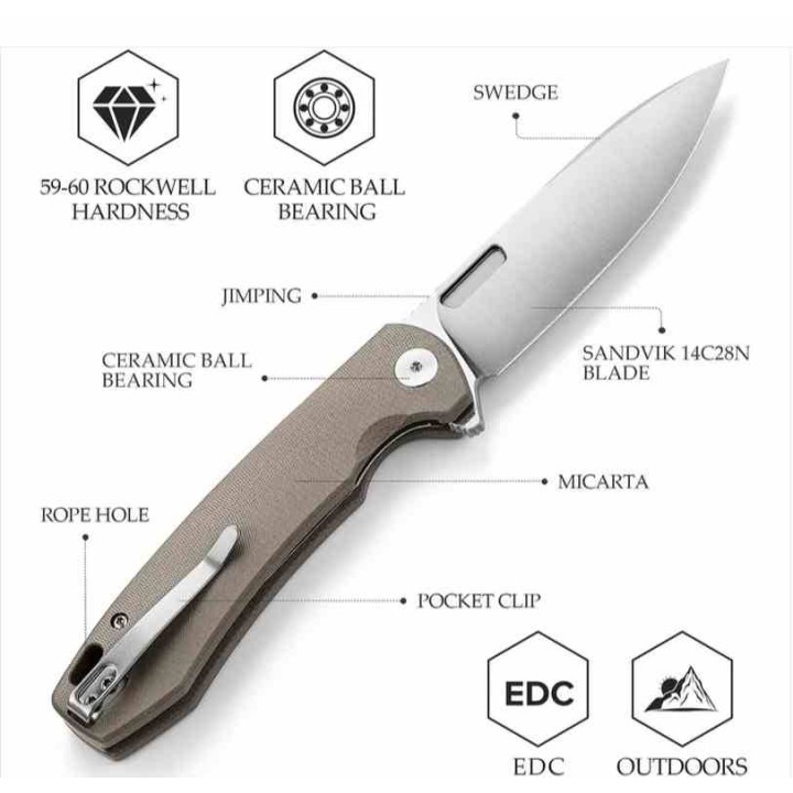Couteau TRIVISA Columba Gray Lame Acier 14C28N Manche Micarta IKBS Liner Lock Clip TVYH01NM14 - Livraison Gratuite