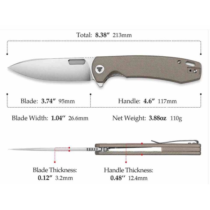 Couteau TRIVISA Columba Gray Lame Acier 14C28N Manche Micarta IKBS Liner Lock Clip TVYH01NM14 - Livraison Gratuite