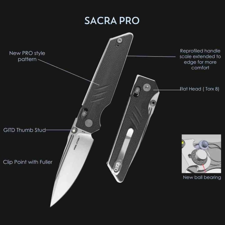 Couteau Real Steel Sacra Pro Black Lame Acier K110 Manche G10 IKBS Clip Crossbar Lock RS7714BS - Livraison Gratuite