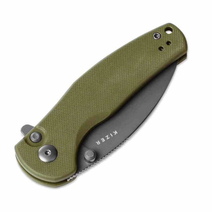 Couteau Kizer Mini Grouper OD Green Manche G10 Lame Acier D2 Button Lock Clip KIV3669A3 - Livraison Gratuite