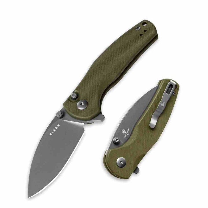 Couteau Kizer Mini Grouper OD Green Manche G10 Lame Acier D2 Button Lock Clip KIV3669A3 - Livraison Gratuite
