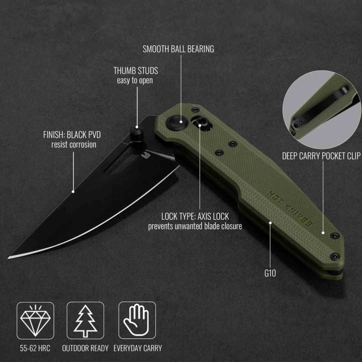 Couteau Hightron Sharplyn OD Green Lame Acier 14C28N Blk Manche G10 Axis Lock HTK01GRN - Livraison Gratuite