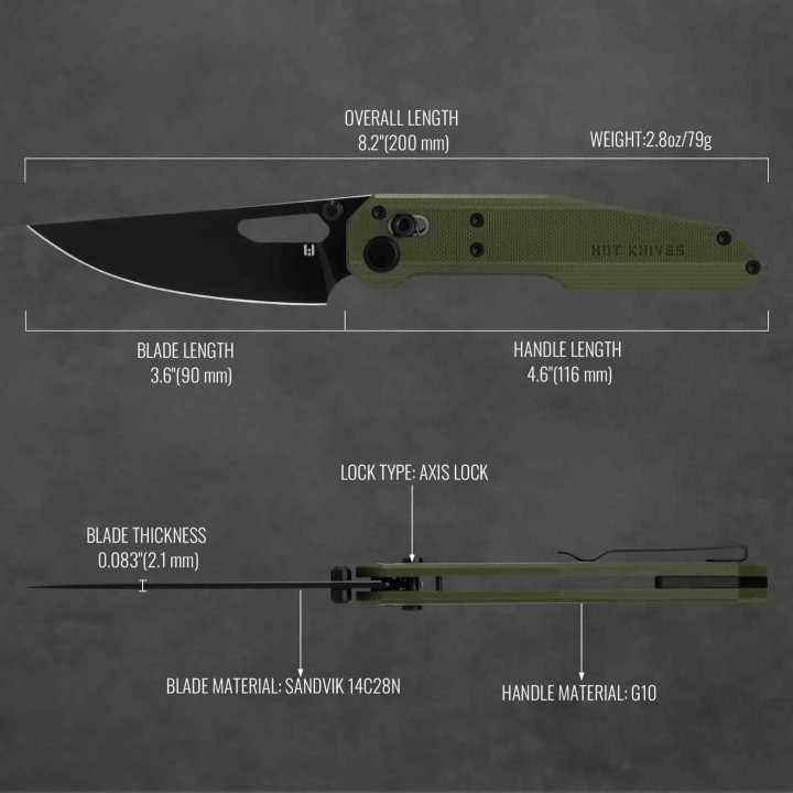 Couteau Hightron Sharplyn OD Green Lame Acier 14C28N Blk Manche G10 Axis Lock HTK01GRN - Livraison Gratuite