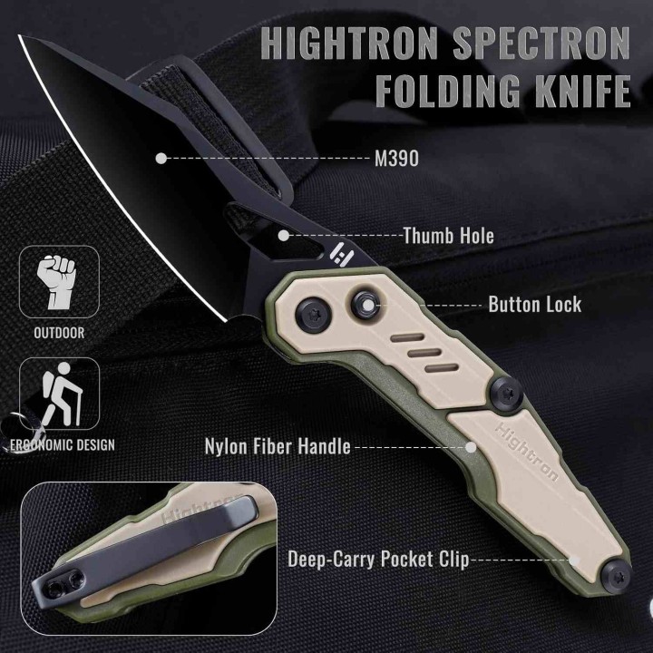 Couteau Hightron SPECTRON Lame Acier M390 Sheepsfoot Manche FRN Axis Lock Clip HTK04KHK - Livraison Gratuite
