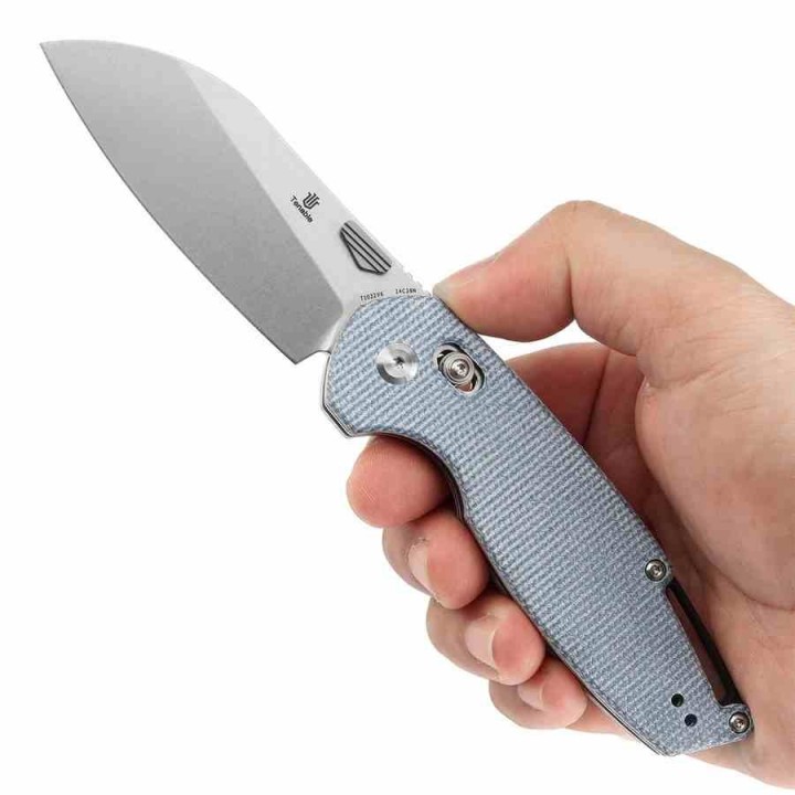 Couteau Tenable Model 6 Lame Sheepfoot Acier 14C28N Manche Blue Micarta Cross Bar Lock Clip T1022V6 - Livraison Gratuite