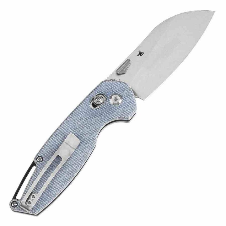 Couteau Tenable Model 6 Lame Sheepfoot Acier 14C28N Manche Blue Micarta Cross Bar Lock Clip T1022V6 - Livraison Gratuite