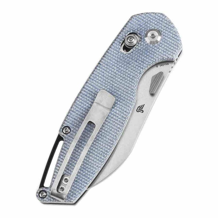 Couteau Tenable Model 6 Lame Sheepfoot Acier 14C28N Manche Blue Micarta Cross Bar Lock Clip T1022V6 - Livraison Gratuite