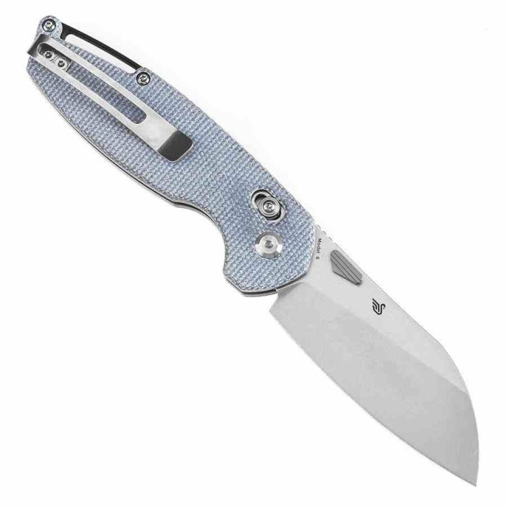 Couteau Tenable Model 6 Lame Sheepfoot Acier 14C28N Manche Blue Micarta Cross Bar Lock Clip T1022V6 - Livraison Gratuite