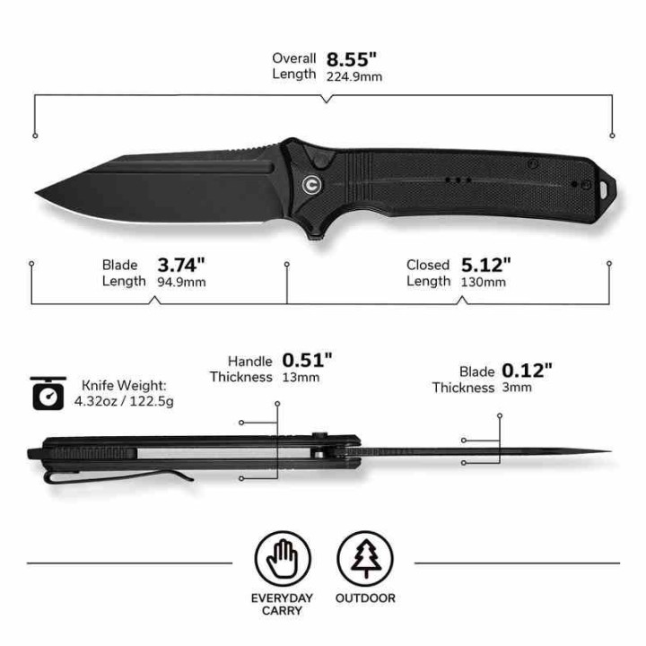 Couteau Pliant CIVIVI Neurohaptic Black Manche G10 Lame Acier Nitro-V IKBS Button Lock Clip CIVC230801 - Livraison Gratuite