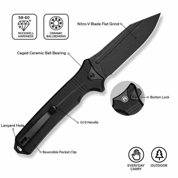 Couteau Pliant CIVIVI Neurohaptic Black Manche G10 Lame Acier Nitro-V IKBS Button Lock Clip CIVC230801 - Livraison Gratuite