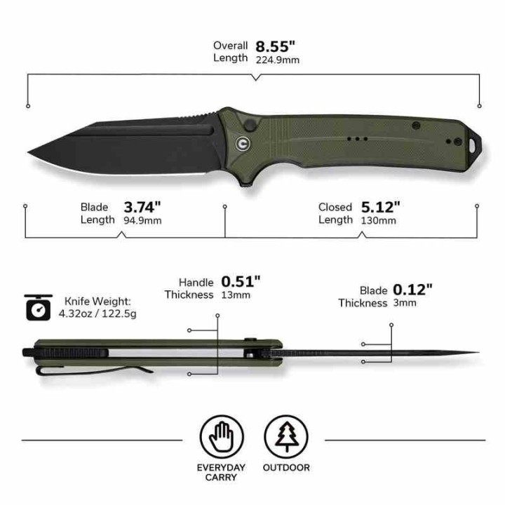Couteau Pliant CIVIVI Neurohaptic OD Green Manche G10 Lame Acier Nitro-V IKBS Button Lock Clip CIVC230803 - Livraison Gratuite