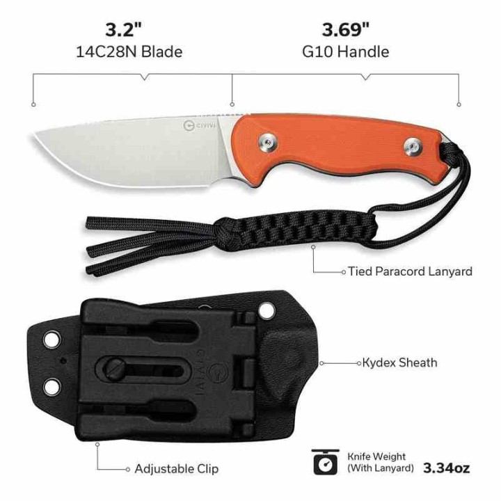 Couteau CIVIVI Timberbark Orange Manche G10 Lame Acier 14C28N Etui Kydex CIVC230942 - Livraison Gratuite