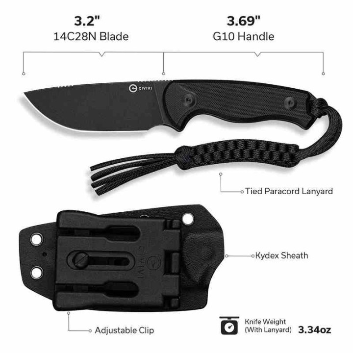 Couteau CIVIVI Timberbark Black Manche G10 Lame Acier 14C28N Etui Kydex CIVC230941 - Livraison Gratuite