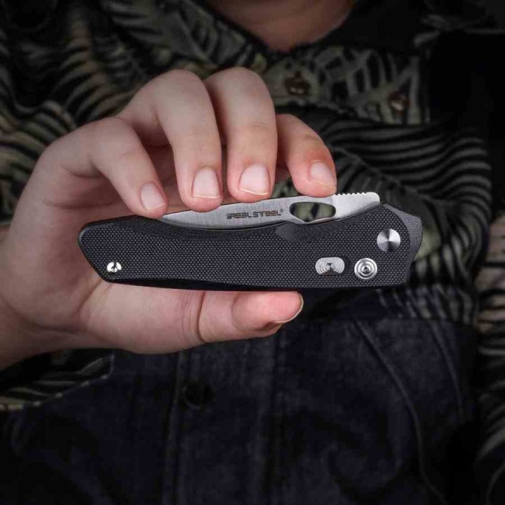 Couteau Real Steel Griffin Pro Black Lame Acier 14C28N Manche G10 Button Lock Clip IKBS RS7131BS - Livraison Gratuite