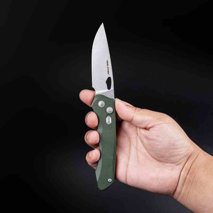 Couteau Real Steel Griffin Pro Green Lame Acier 14C28N Manche Micarta Button Lock Clip IKBS RS7131GM - Livraison Gratuite