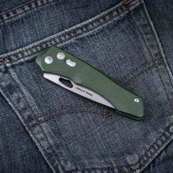 Couteau Real Steel Griffin Pro Green Lame Acier 14C28N Manche Micarta Button Lock Clip IKBS RS7131GM - Livraison Gratuite