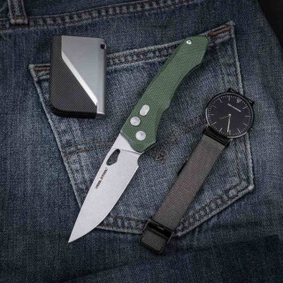 Couteau Real Steel Griffin Pro Green Lame Acier 14C28N Manche Micarta Button Lock Clip IKBS RS7131GM - Livraison Gratuite