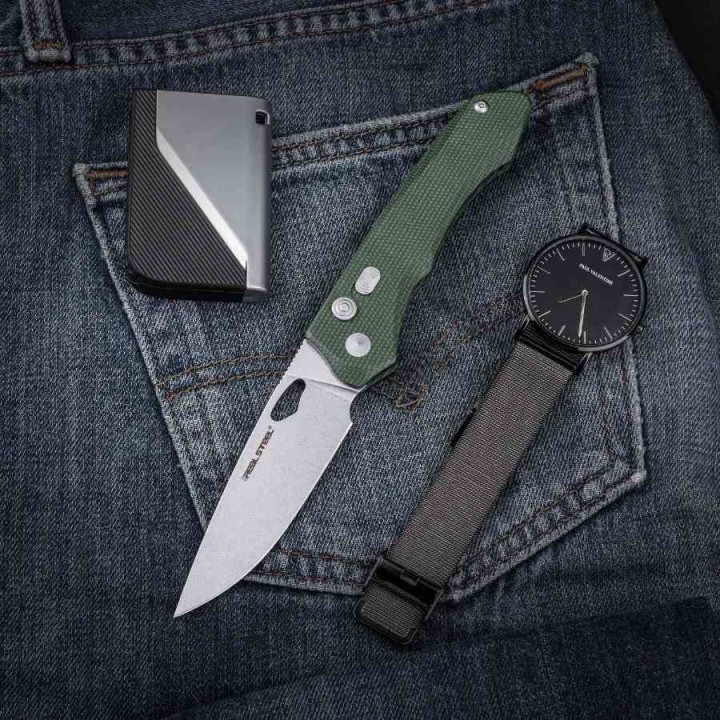 Couteau Real Steel Griffin Pro Green Lame Acier 14C28N Manche Micarta Button Lock Clip IKBS RS7131GM - Livraison Gratuite