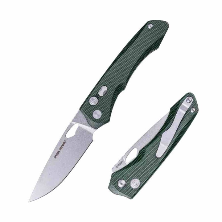 Couteau Real Steel Griffin Pro Green Lame Acier 14C28N Manche Micarta Button Lock Clip IKBS RS7131GM - Livraison Gratuite