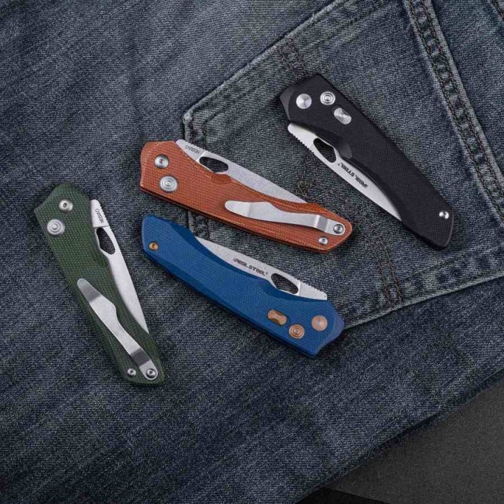 Couteau Real Steel Griffin Pro Green Lame Acier 14C28N Manche Micarta Button Lock Clip IKBS RS7131GM - Livraison Gratuite