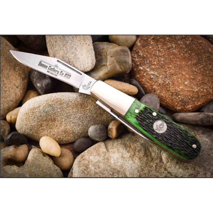 Couteau Queen Barlow 2 Lames Acier Inox Manche Os Vert Slipjoint USA QGPSB281 - Livraison Gratuite