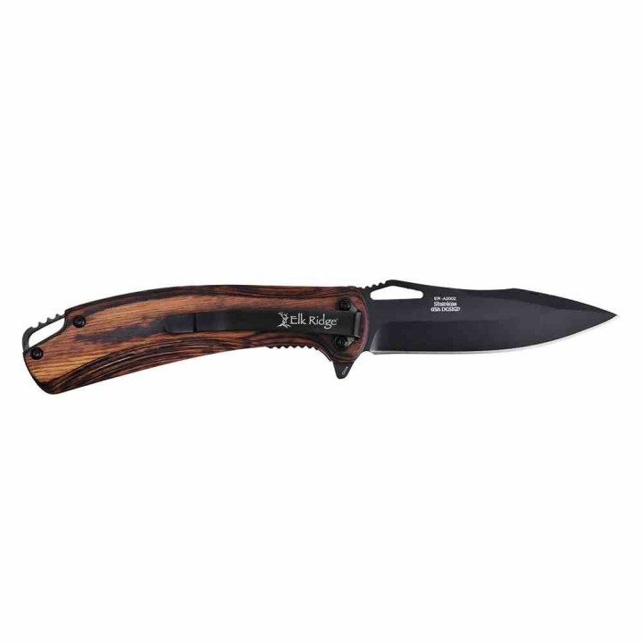 Couteau Elk Ridge A/O Dark Brown Lame Acier 3Cr13 Manche Bois Linerlock Clip ERA2002DB - Livraison Gratuite