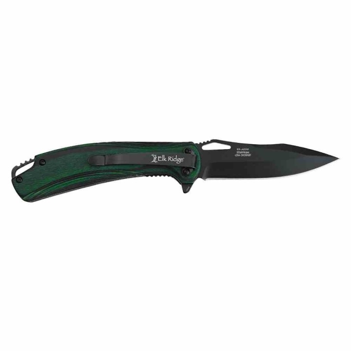 Couteau Elk Ridge A/O Dark Green Lame Acier 3Cr13 Manche Bois Linerlock Clip ERA2002GN - Livraison Gratuite
