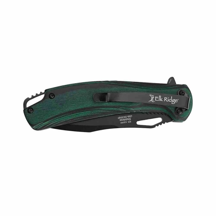 Couteau Elk Ridge A/O Dark Green Lame Acier 3Cr13 Manche Bois Linerlock Clip ERA2002GN - Livraison Gratuite