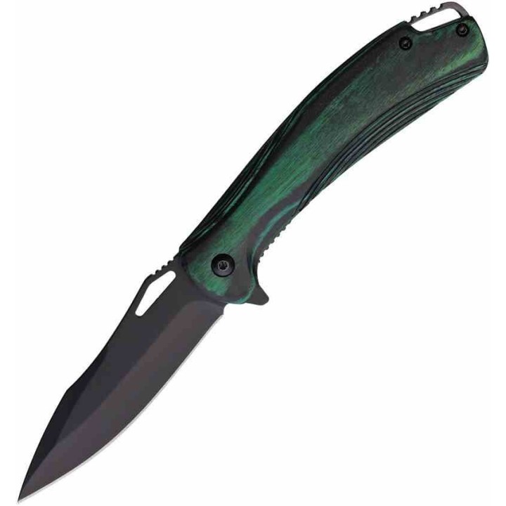 Couteau Elk Ridge A/O Dark Green Lame Acier 3Cr13 Manche Bois Linerlock Clip ERA2002GN - Livraison Gratuite