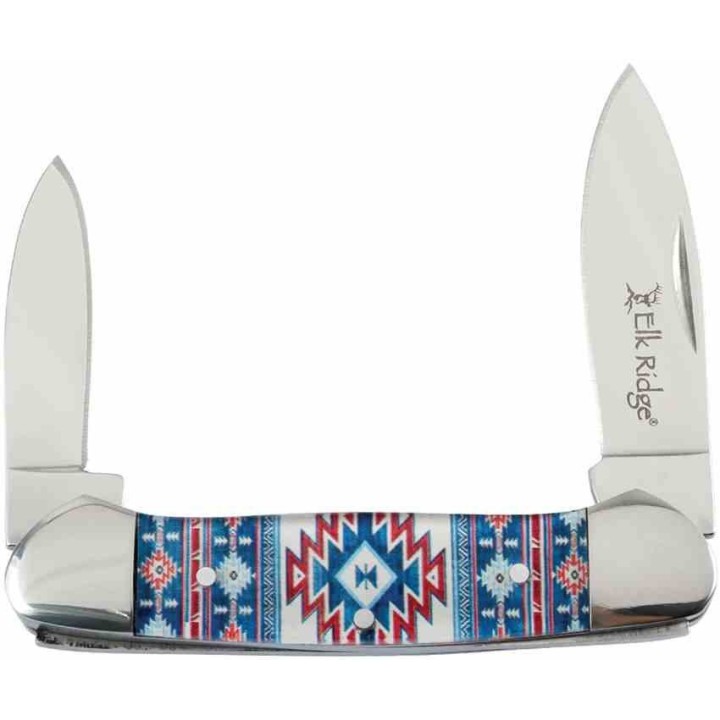 Couteau Elk Ridge Canoe Blue Native Southwest 2 Lames Acier 3Cr13 Manche Acrylique ER42454BL - Livraison Gratuite