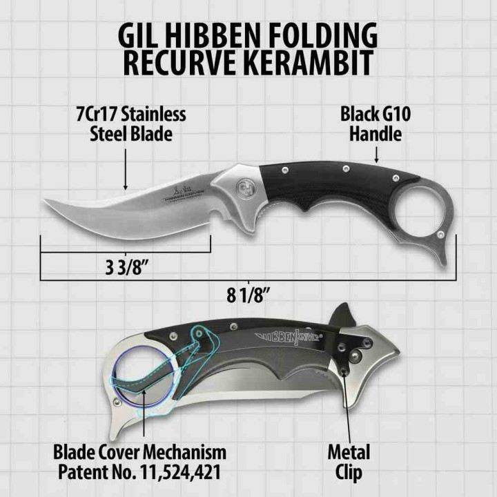 Couteau  Gil Hibben Recurve Karambit Lame Acier 7Cr17 Manche G10 IKBS Liner Lock Clip GH5136 - Livraison Gratuite