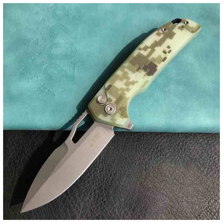 Couteau Kubey RDF Camo Lame Acier AUS-10 Manche G10 IKBS Button Lock Clip KUB316C - Livraison Gratuite