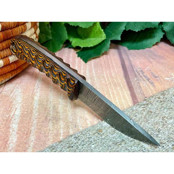 Couteau de Chasse Lame Acier Damas 256 Couches Manche Bois Etui Cuir DM1218 - Livraison Gratuite