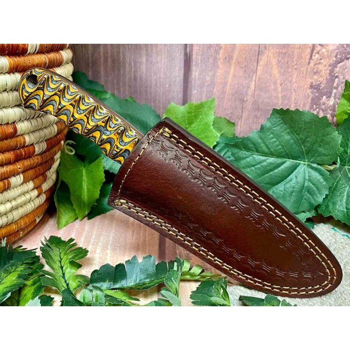 Couteau de Chasse Lame Acier Damas 256 Couches Manche Bois Etui Cuir DM1218 - Livraison Gratuite