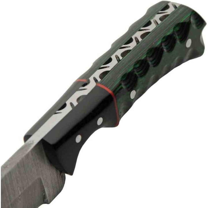 Couteau Skinner Lame Acier Damas 256 Couches Manche Bois Green/Black Etui Cuir DM1404GN - Livraison Gratuite