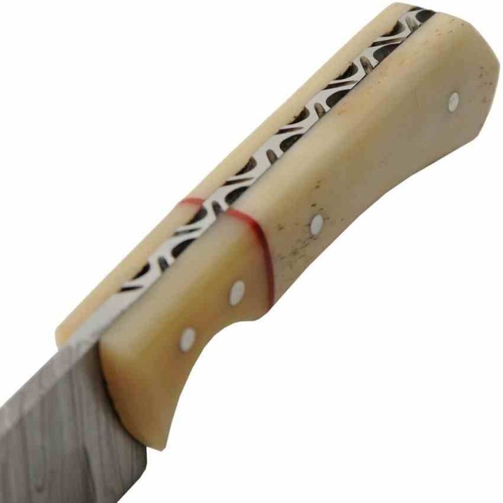 Couteau Skinner Lame Acier Damas 256 Couches Manche Os Etui Cuir DM1404BO - Livraison Gratuite