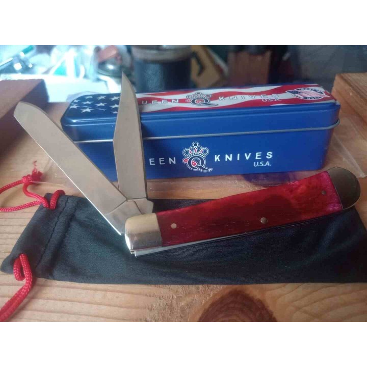 Couteau Queen Cutlery Trapper Red Smooth Bone Lame Clip/Spey Acier 1095 Made USA QRSB54 - Livraison Gratuite